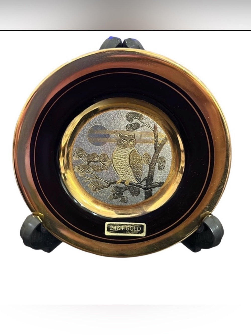 Vintage Chokin Art Japanese Owl Miniature Collector Plate 24k Gold 4.25"